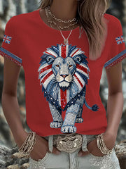 Women's British style imitation denim rhinestone hot-drill Printed Iron On Short Sleeve T-Shirt