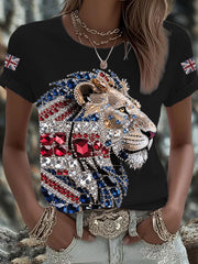 Women's British imitation diamond hot-drilling Printed T-shirt