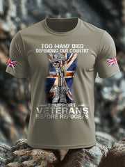 Men's UK Flag Immigration Veterans Before Refugees Printed T-shirt