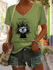 Women's Bleack Cat It's Fine I'm Fine Everything Is Fine Casual V-Neck Tee
