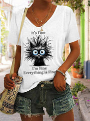 Women's Bleack Cat It's Fine I'm Fine Everything Is Fine Casual V-Neck Tee