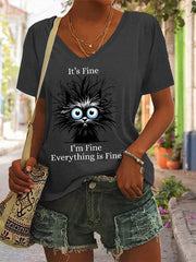 Women's Bleack Cat It's Fine I'm Fine Everything Is Fine Casual V-Neck Tee