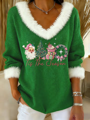 Women's Pink Christmas Sants Claus Print Casual Fur Collar V-Neck Top
