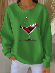 Women's Santa Claus Print Ribbed Round-Neck Sweatshirt