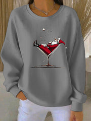 Women's Santa Claus Print Ribbed Round-Neck Sweatshirt