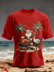Men's Vintage Tropical Santa Claus Print Christmas Tee