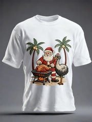 Men's Vintage Tropical Santa Claus Print Christmas Tee