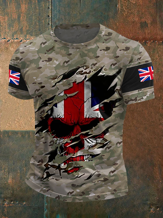 Men's UK Flag Skull Camouflage Print Casual Tee