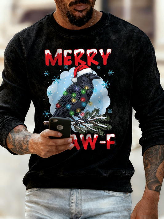Men's Merry Christmas F-Caw-F Crow Print Crew Neck Sweatshirt