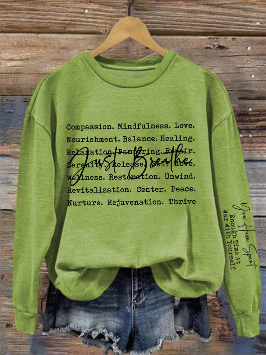 Women's Mental Health Just Breath  Printed O-Neck  Casual Loose Long Sleeve Sweatshirt