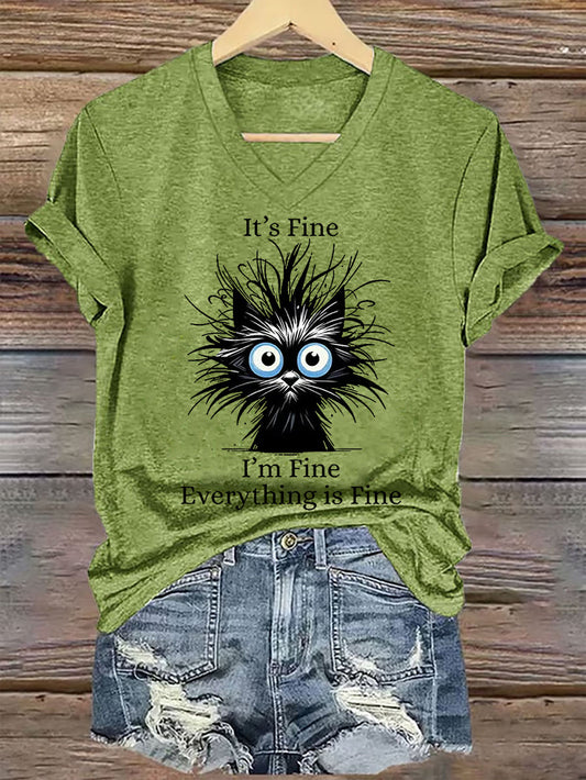 Women's It's Fine I'm Fine Everything Is Fine Casual V-Neck Tee