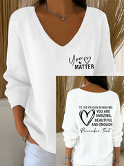Women's Dear Person Behind Me You Matter Printed V-Neck Ribbed Top