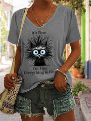 Women's Bleack Cat It's Fine I'm Fine Everything Is Fine Casual V-Neck Tee