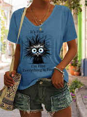Women's Bleack Cat It's Fine I'm Fine Everything Is Fine Casual V-Neck Tee