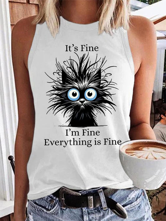 Women's Black Cat It's Fine I'm Fine Everything Is Fine Vest