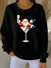 Women's Santa Claus and red wine glass print Ribbed Round-Neck Sweatshirt