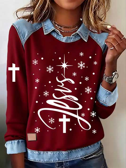 Women's Christmas Faith Cross Print Casual Long Sleeve Sweatshirt