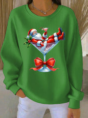 Women's Santa Claus and wine glass Print Ribbed Round-Neck Sweatshirt