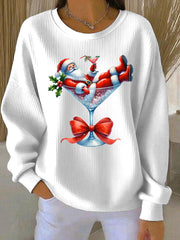Women's Santa Claus and wine glass Print Ribbed Round-Neck Sweatshirt