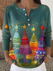 Women's Christmas Tree Print  Button Top