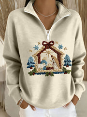 Women's Nativity Print Casual Zip-Up Top