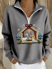 Women's Nativity Print Casual Zip-Up Top