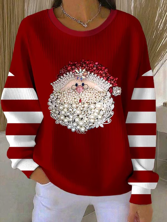 Women's Santa Claus Printed Ribbed Round-Neck Sweatshirt